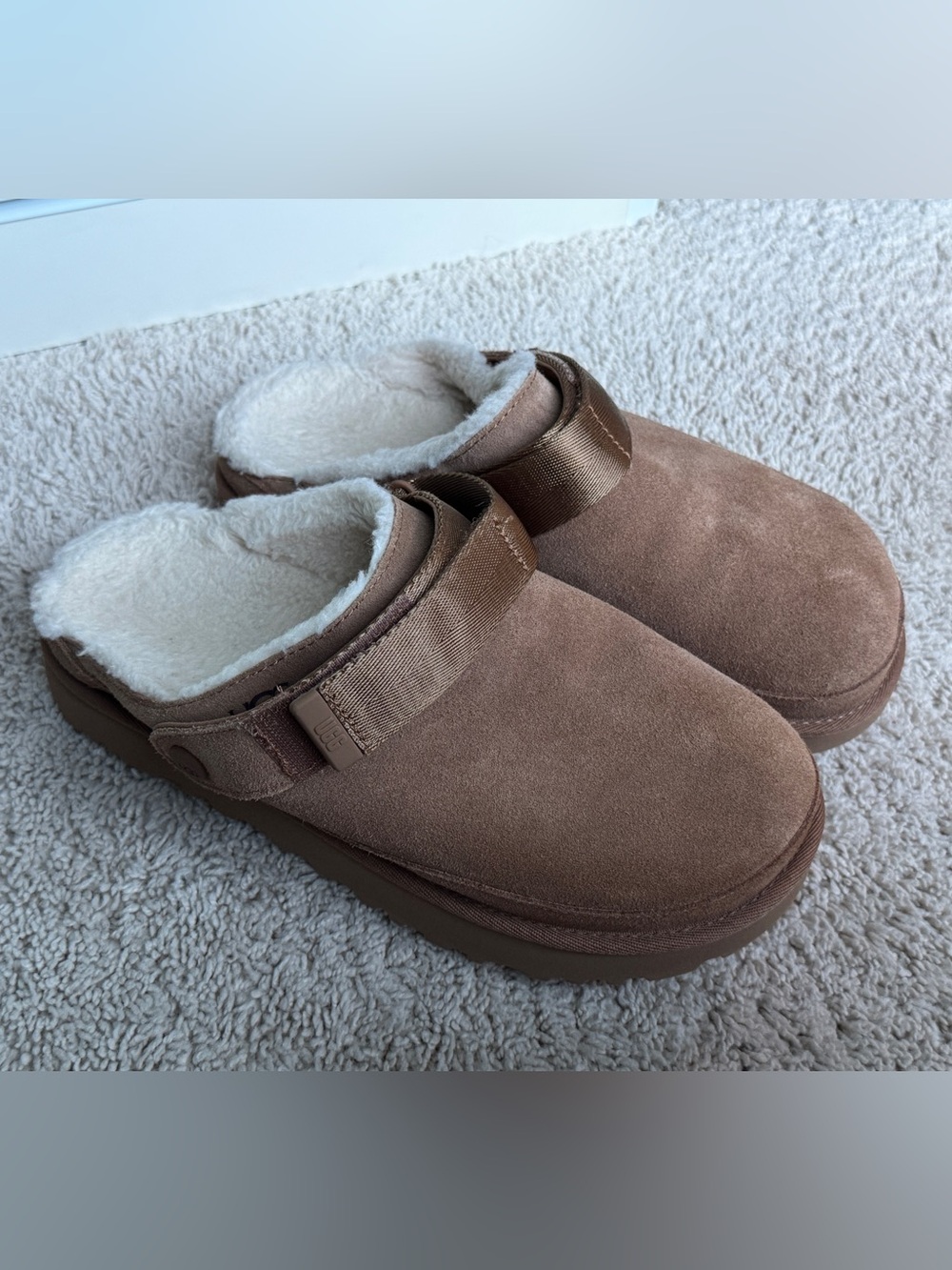 UGG Chestnut Suede Shearling-Lined Slip-On Clogs